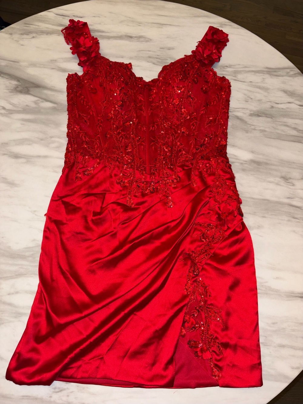 Cinderella Couture Red Sequin Floral Corset Homecoming Mini Dress Large NWT